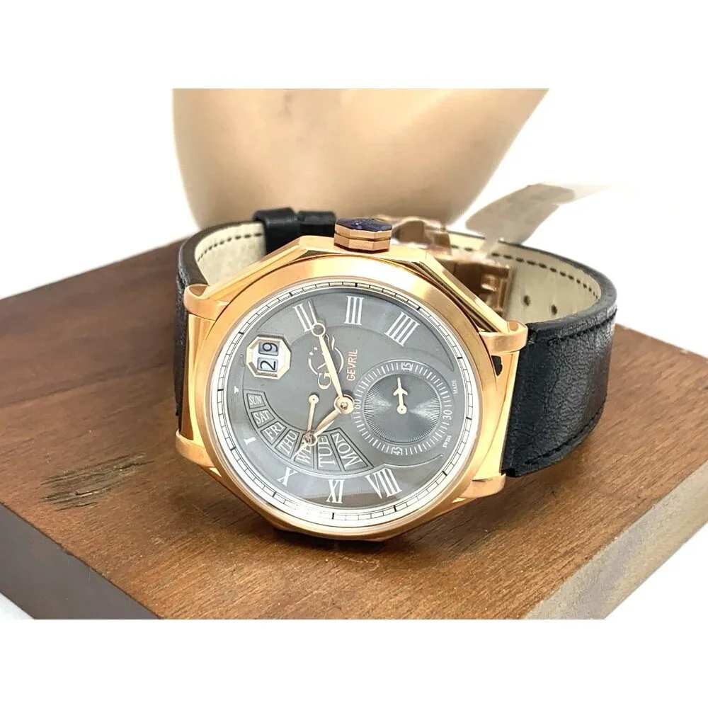 Gevril GV2 Men's Watch 42423 Swiss Quartz Gray Dial Black Leather Strap 44mm